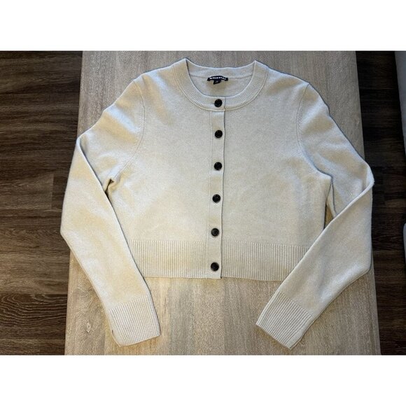 WHISTLES Ivory Wool Cropped Cardigan Size Medium Tortoise Buttons Timeless - Picture 3 of 9